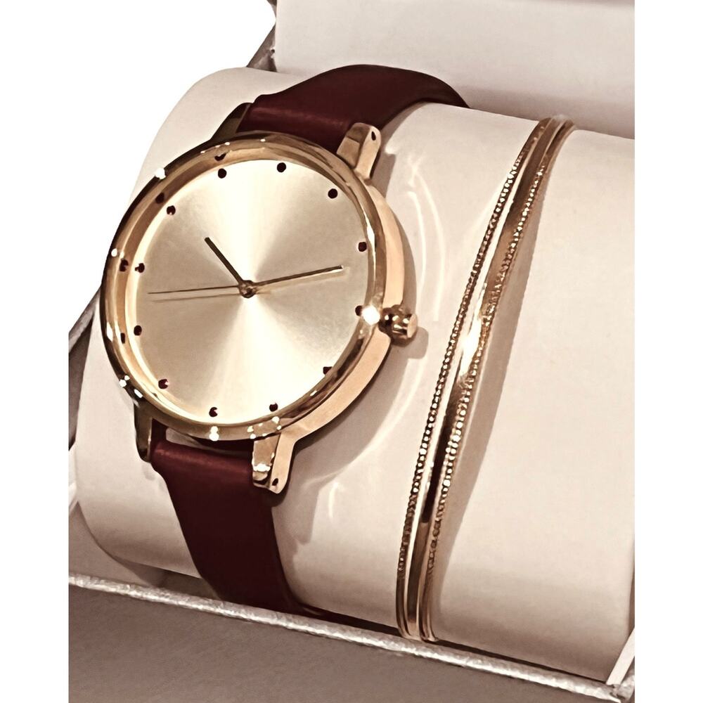 NEW INC Womens Cinnamon Faux-Leather WATCH 35mm & Gold BRACELET Set Macys Boxed